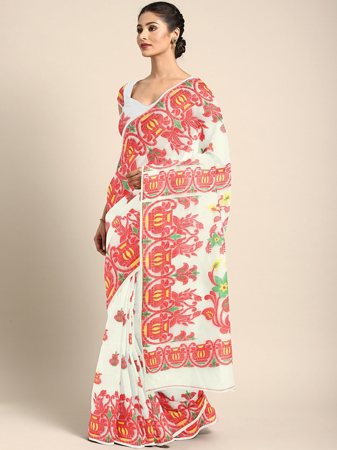 Kalakari India Cream-Coloured & Multicoloured Woven Design Silk Cotton Jamdani Saree