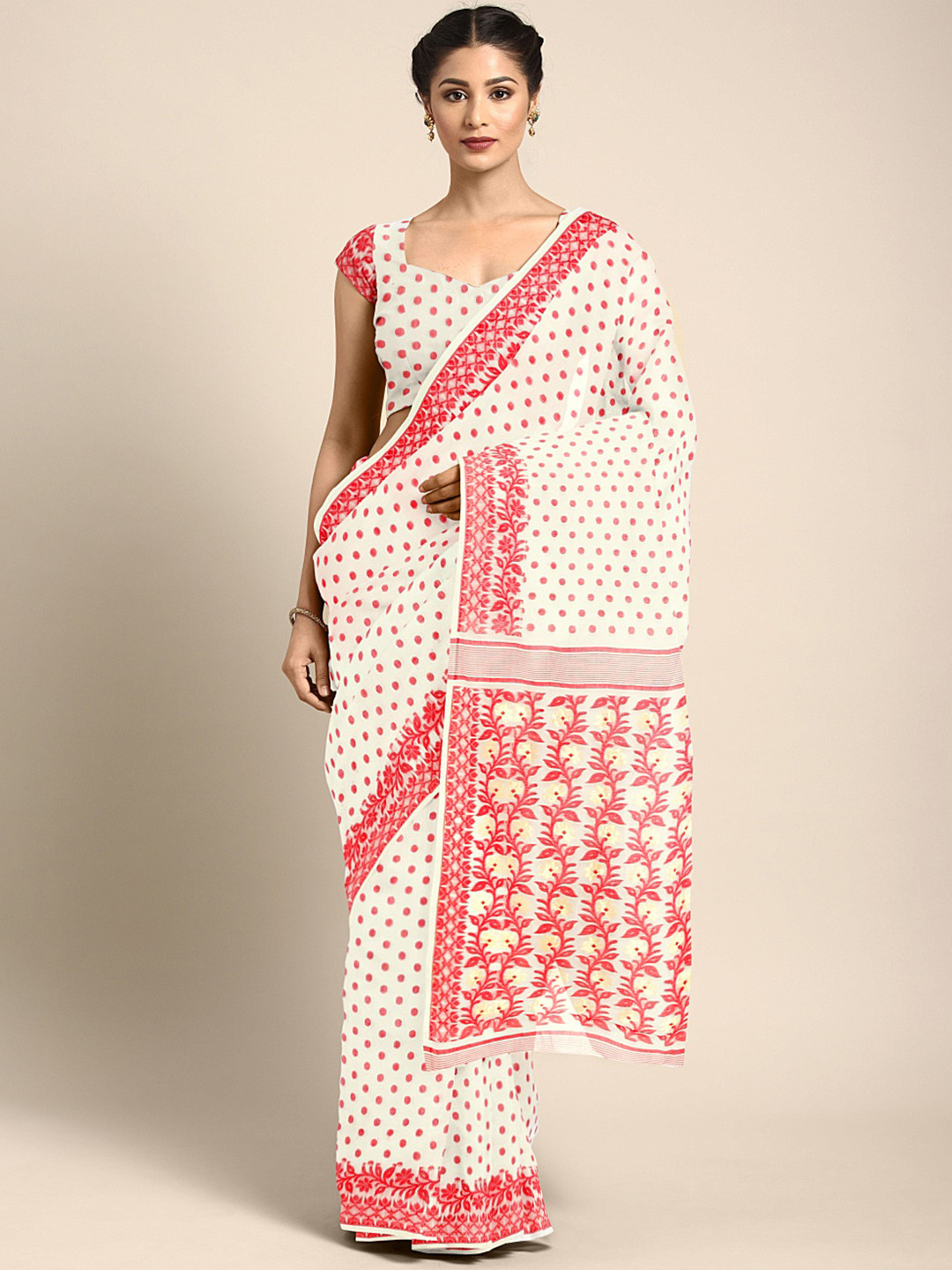 Kalakari India Cream-Coloured & Red Silk Cotton Jamdani Saree