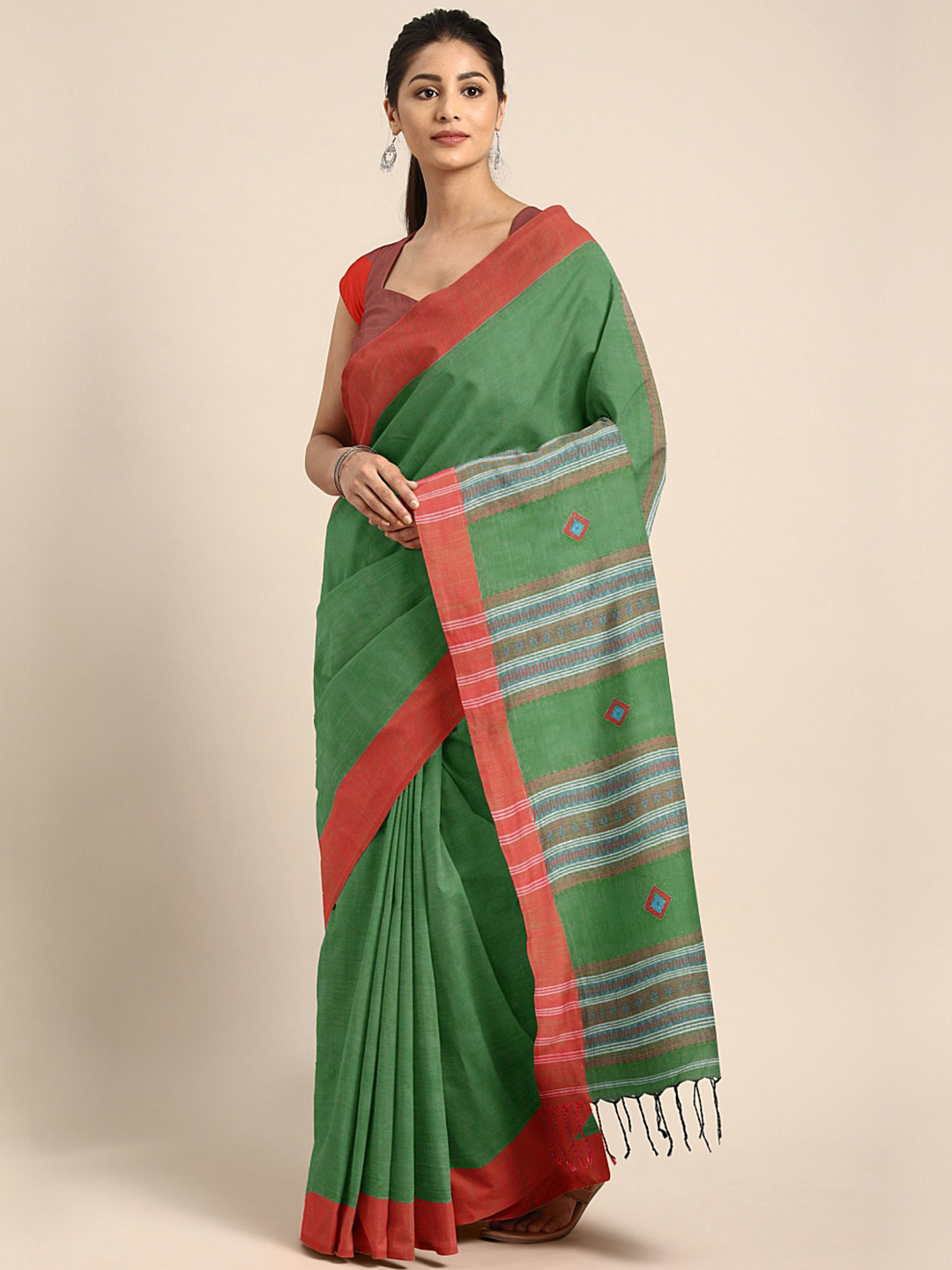 Kalakari India Green & Red Woven Design Kutchi Embroidery Pure Cotton Jamdani Saree