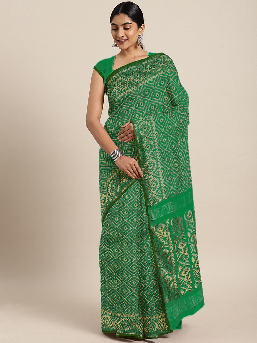 Kalakari India Brown & Copper-Toned Silk Cotton Jamdani Saree