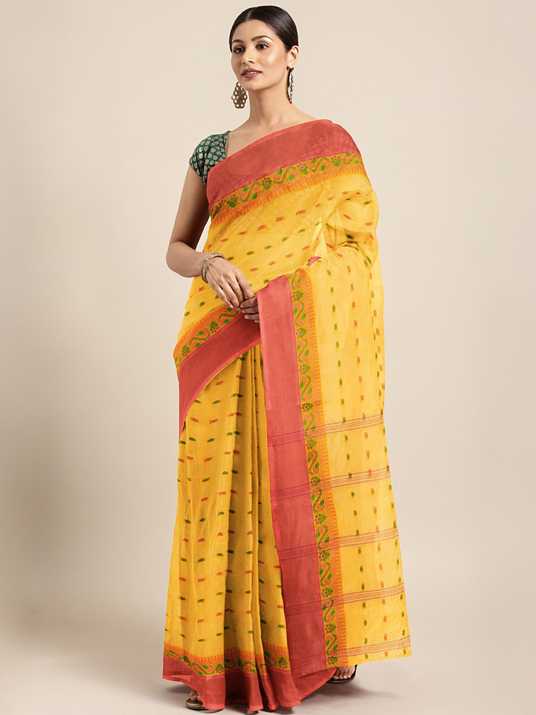 Kalakari India Yellow & Red Woven Design Silk Cotton Taant Saree