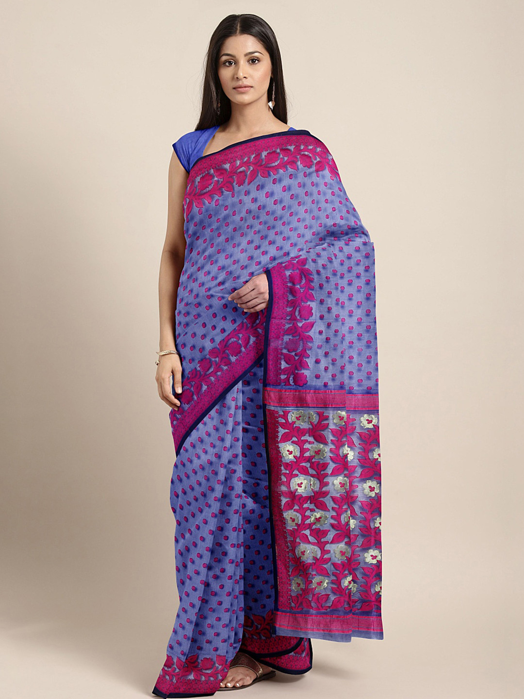 Kalakari India Purple & Fuchsia Floral Silk Cotton Jamdani Saree