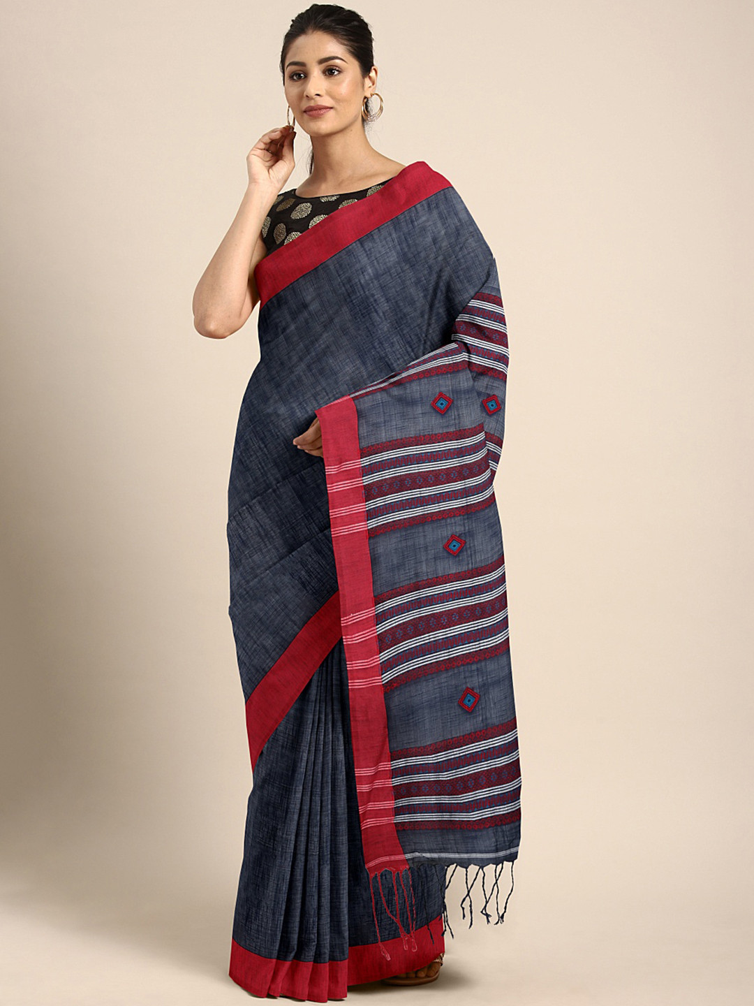 Kalakari India Navy Blue & Red Woven Design Kutchi Embroidery Pure Cotton Jamdani Saree