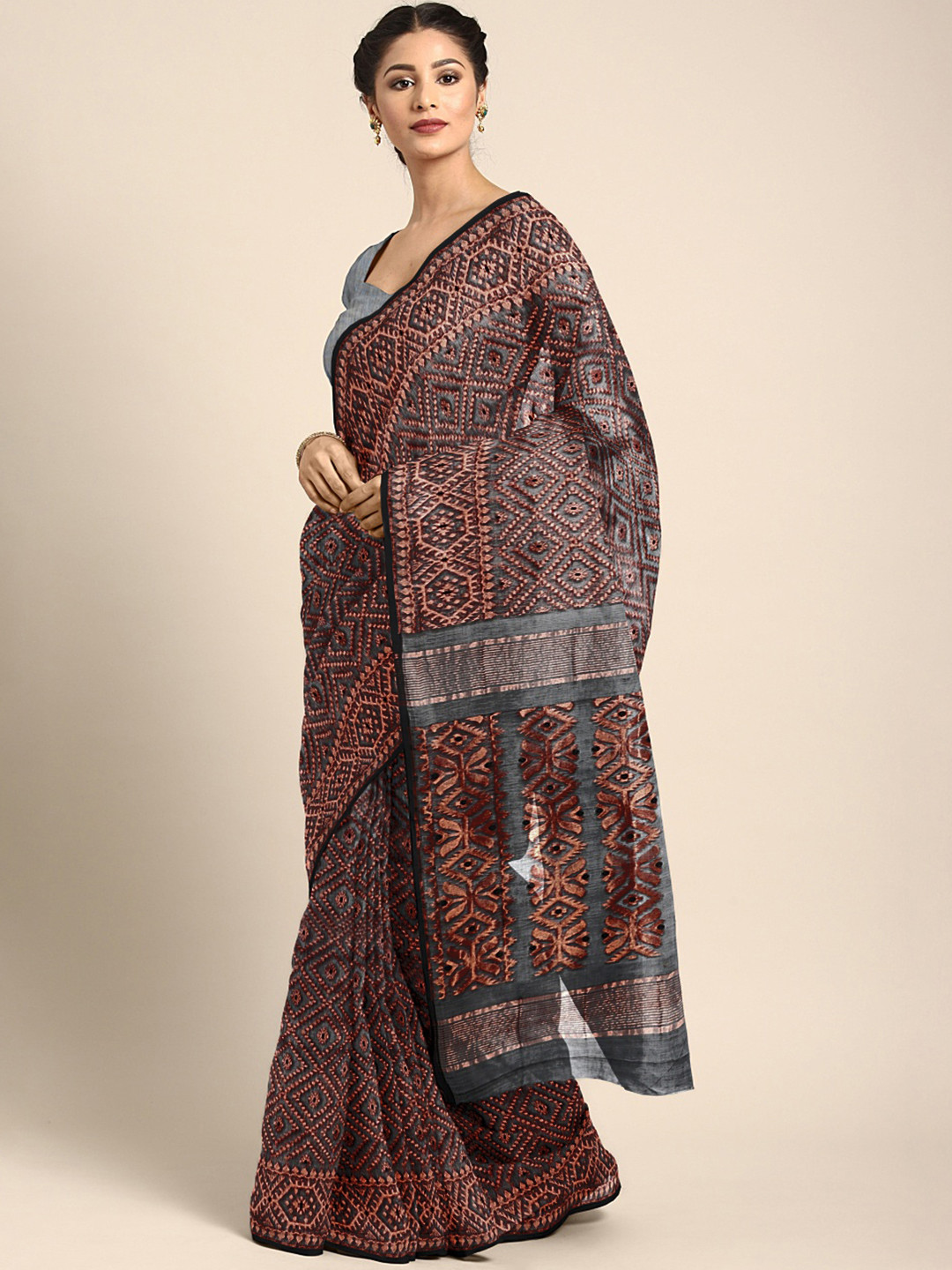 Kalakari India Black & Copper-Toned Silk Cotton Jamdani Saree