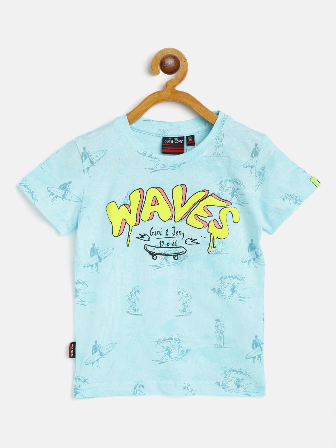 Gini and Jony Boys Blue & Yellow Pure Cotton Typography Printed T-shirt