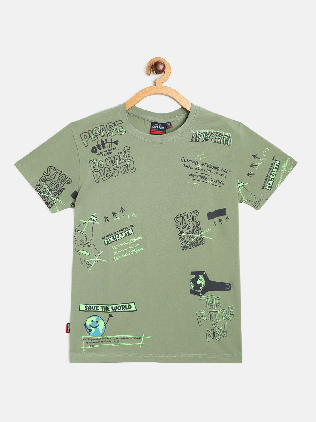 Gini and Jony Boys Green  Black Typography Print Cotton Pure Cotton T-shirt