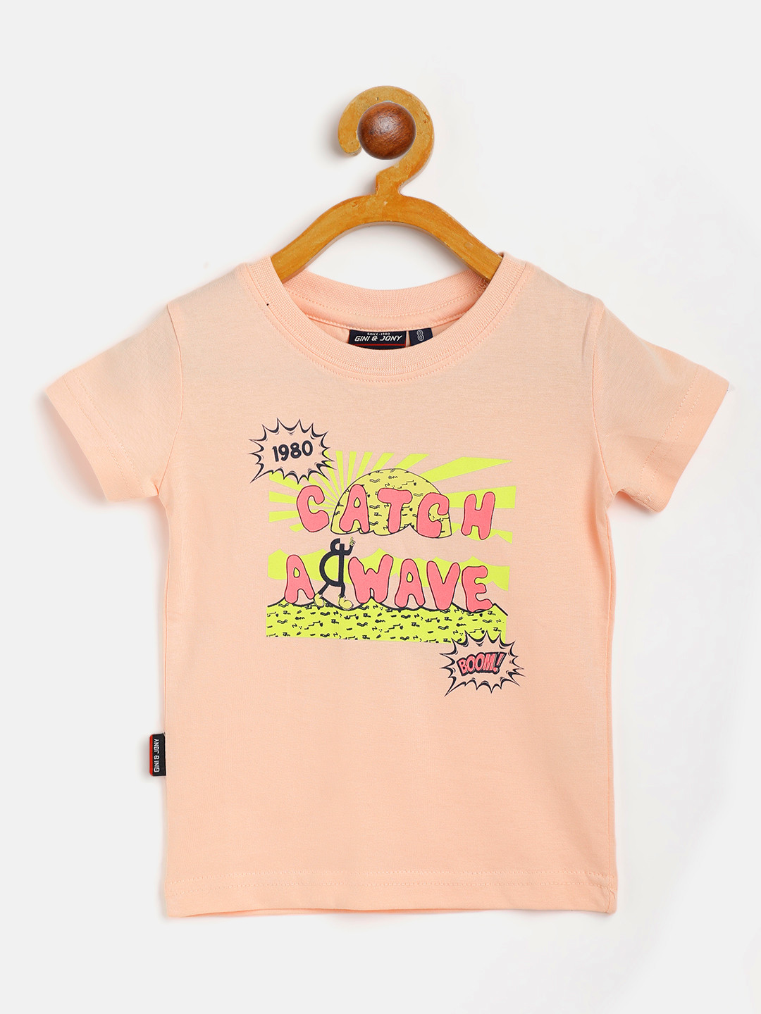 Gini and Jony Boys Peach-Coloured & Fluorescent Green Typography Print Cotton T-shirt