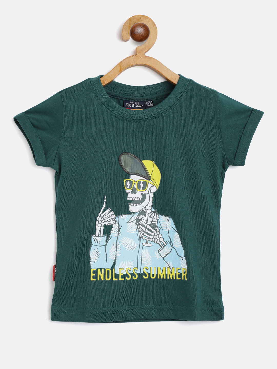 Gini and Jony Infant Boys Green & Blue Grapic & Tropical Print Applique Cotton T-shirt