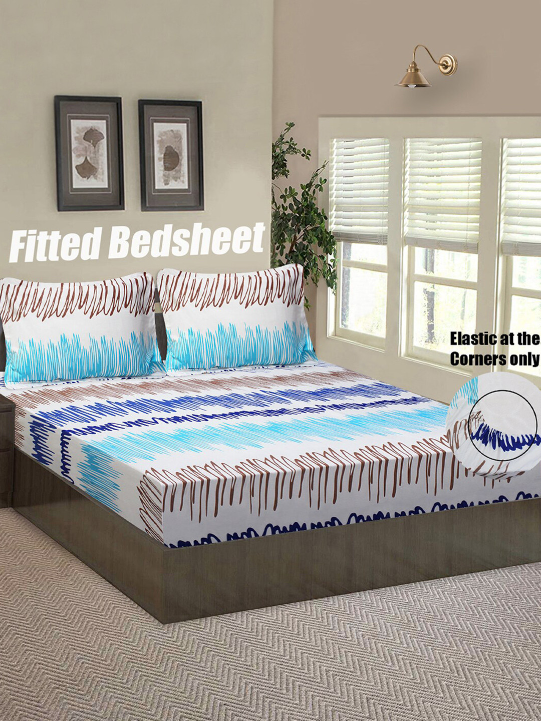 Good Homes by Home Candy Stylish Waves White Abstract Polycotton 144 TC Fitted Queen Bedsheet with 2 Pillow Covers-94 x 98 inches