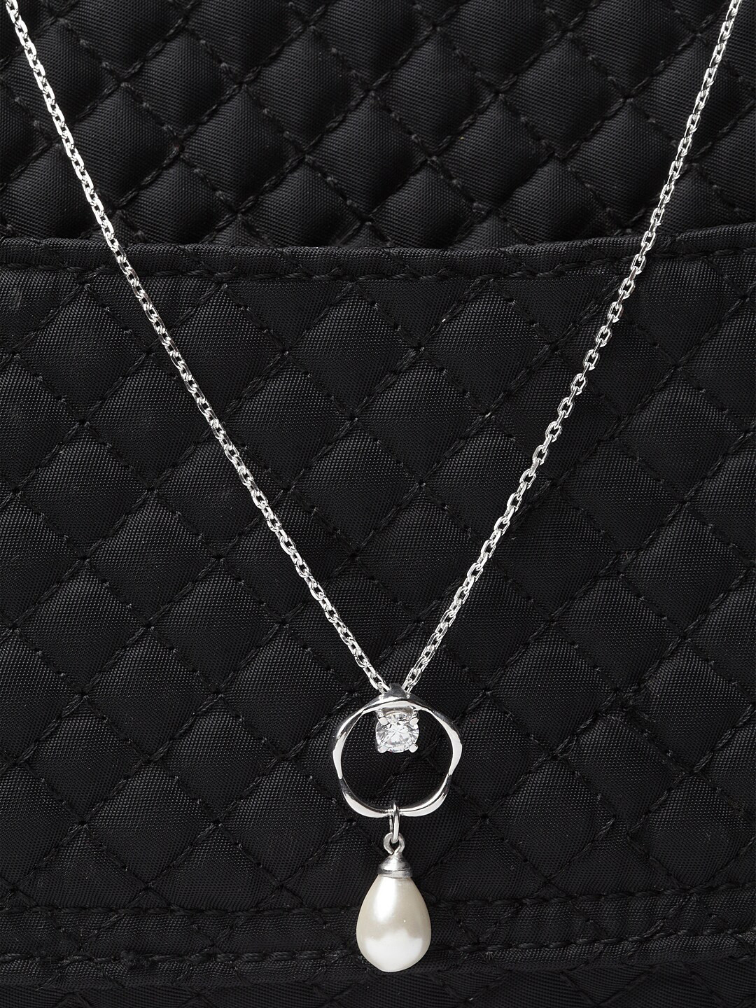 Clara 92.5 Sterling Rhodium-Plated Silver-Toned & White Stone-Studded & Pearl Beaded Pendant With Chain