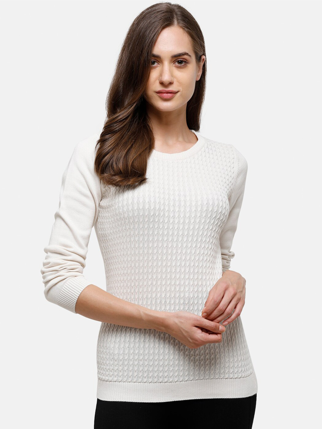 98 Degree North Women Off White Self Designed Pure Cotton Pullover Sweater
