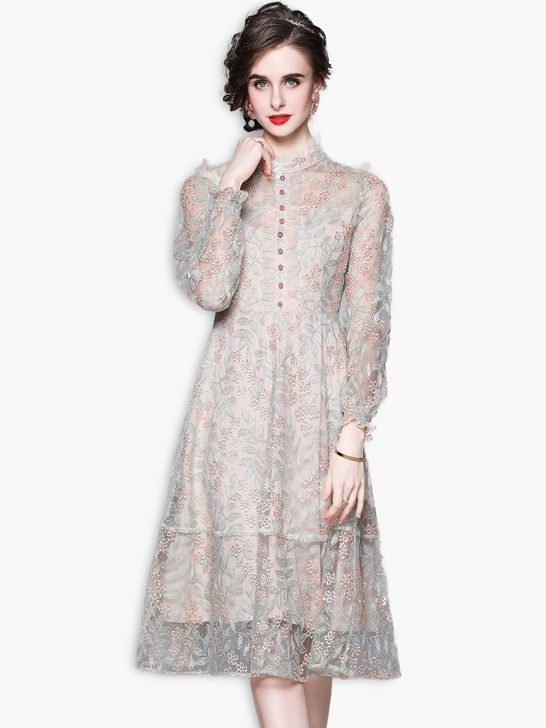 JC Collection Beige & Green Floral Midi Dress