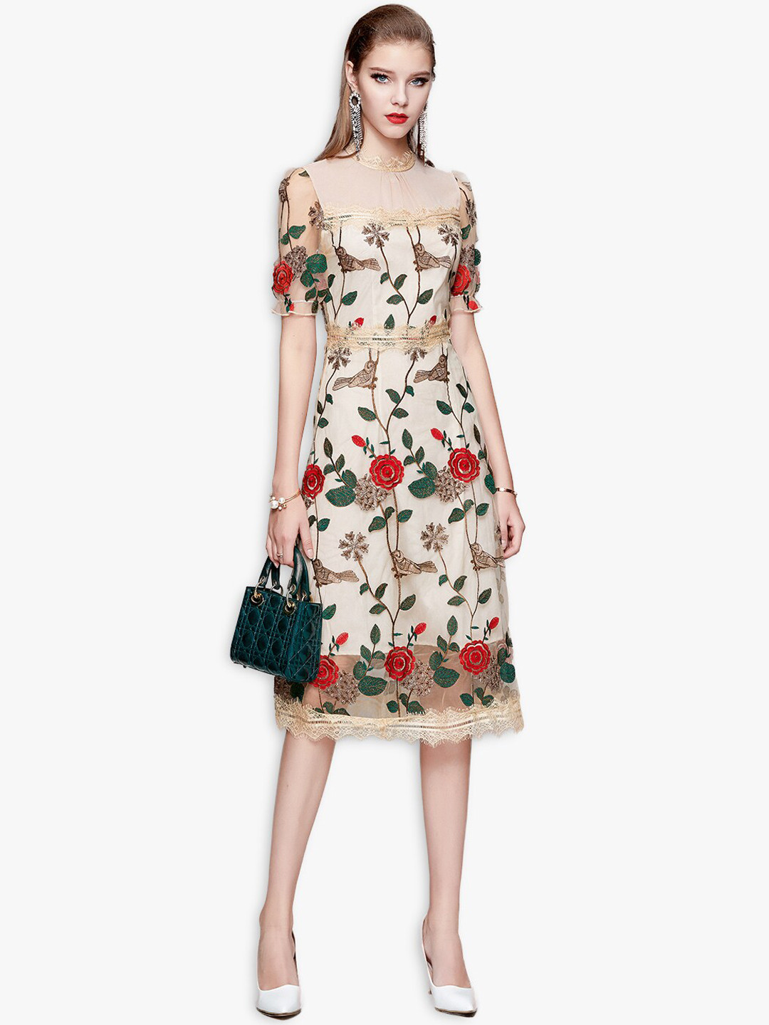 JC Collection Cream-Coloured Floral Embroidered A-Line Dress