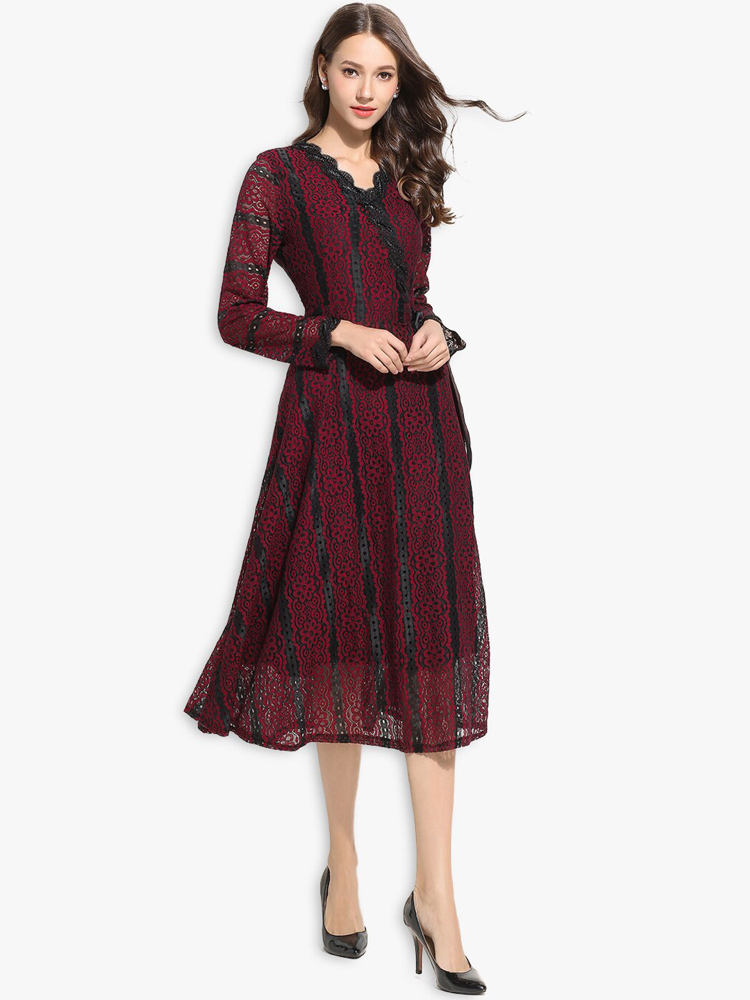 JC Collection Red & Black A-Line Midi Dress