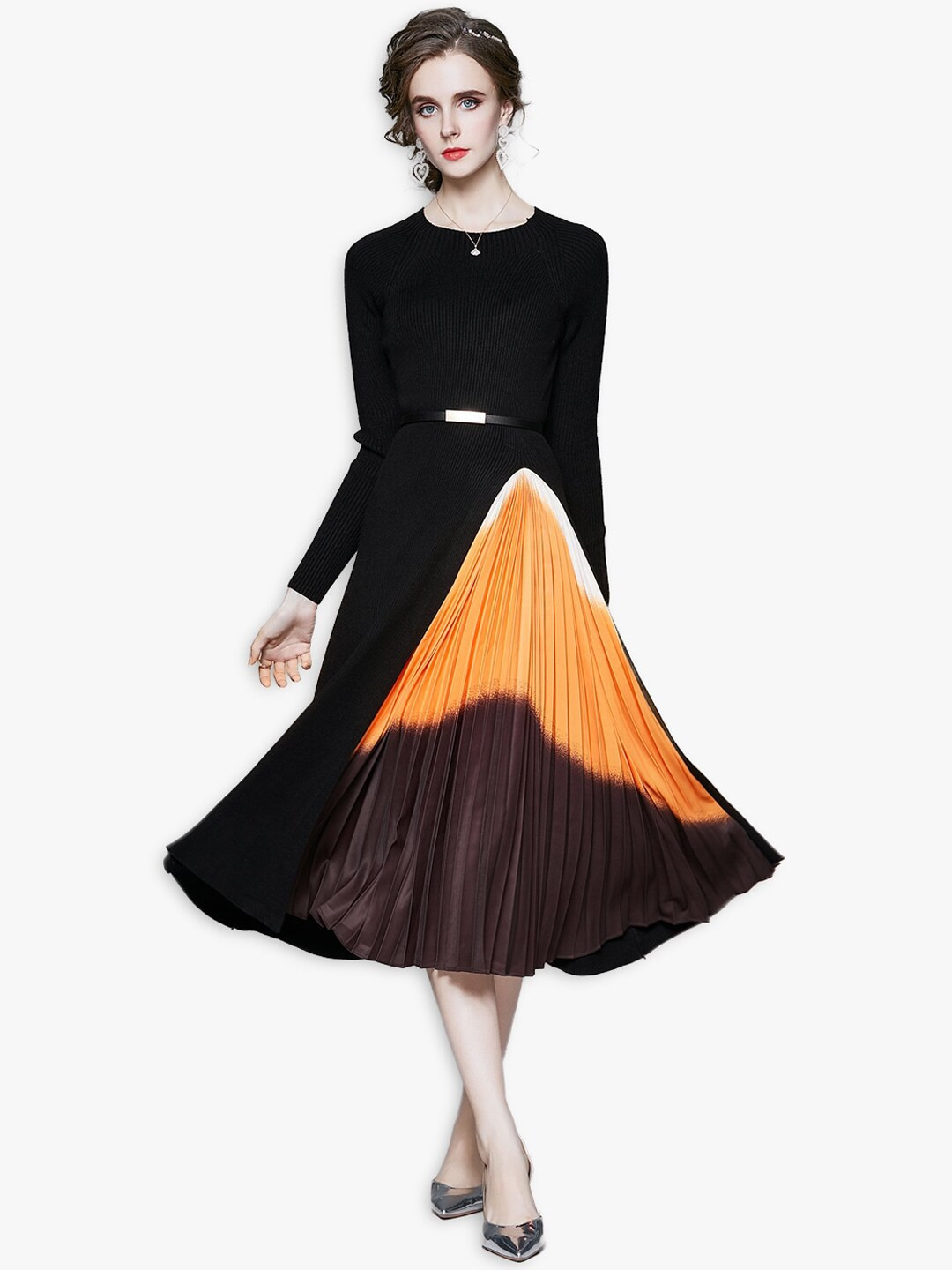 JC Collection Black & Orange Colourblocked Midi Dress