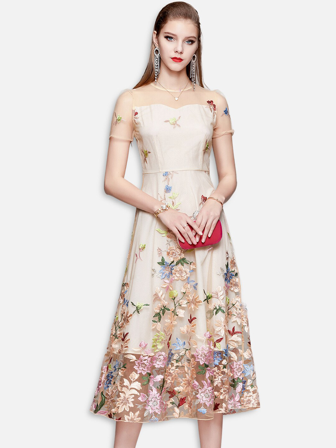 JC Collection Women Multicoloured Floral Embroidered Midi Dress