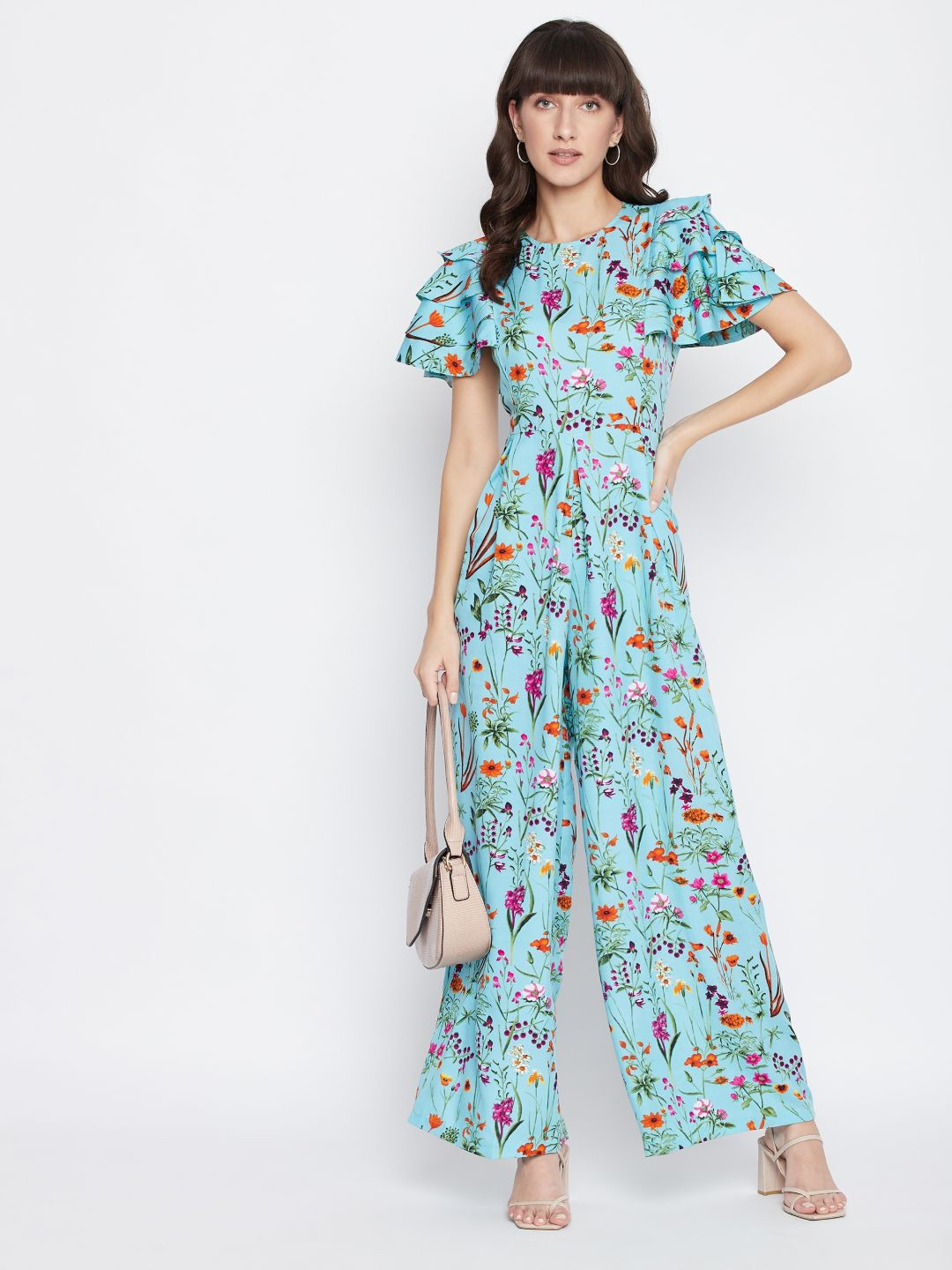 Uptownie Lite Women Blue & Orange Printed Basic Ruffle Sleeves Jumpsuit