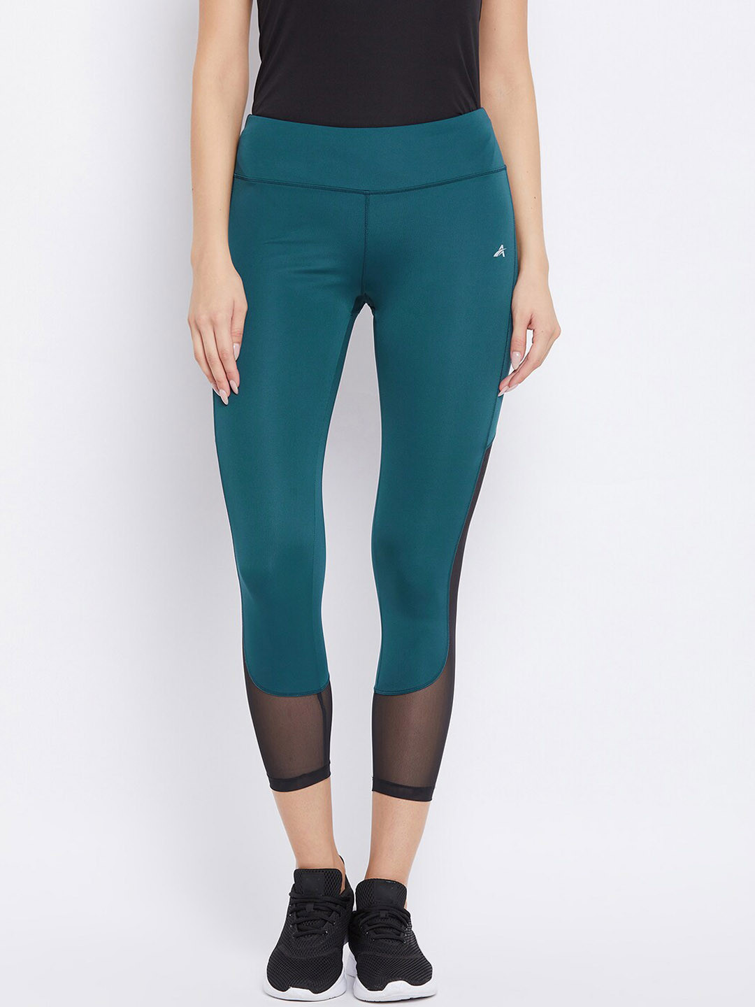 ATHLISIS Women Teal Green & Black Colourblocked Ankle-Length E-Dry Technology Training Tights