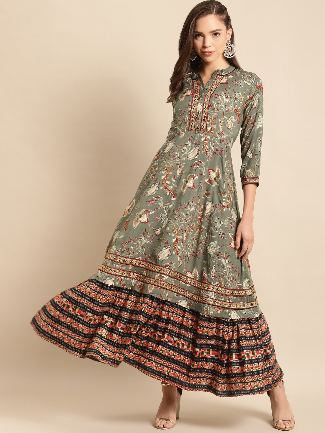 RANGMAYEE Grey & Green Floral Liva Ethnic Maxi Ethnic Dress