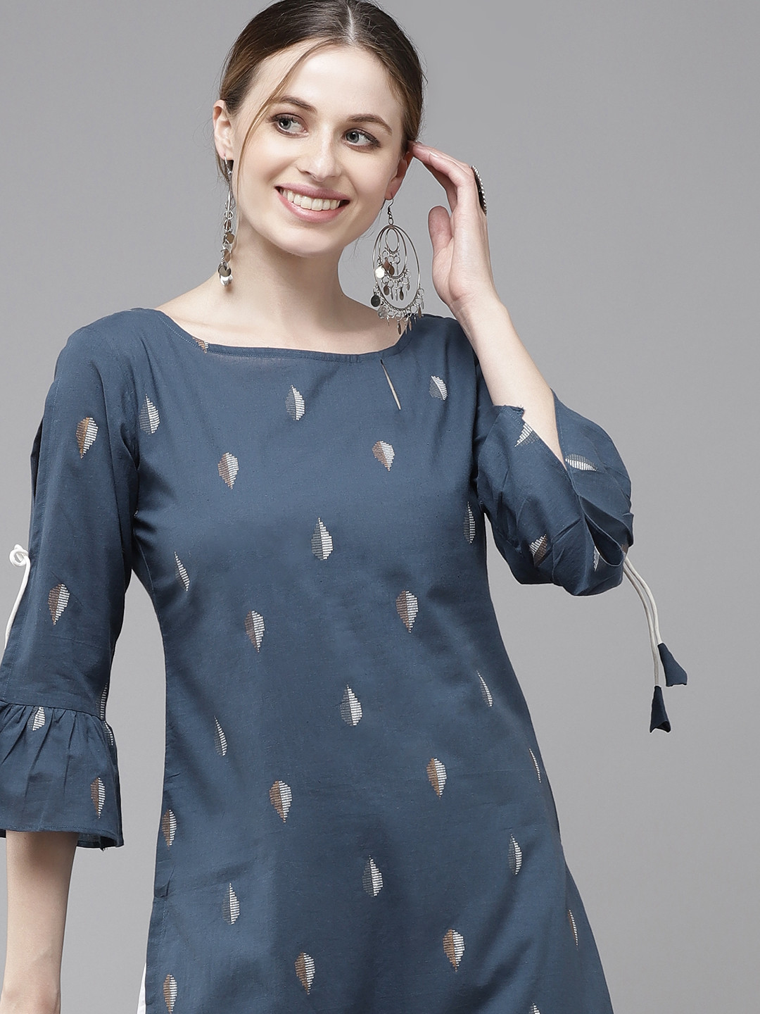 Indo Era Women Navy Blue Printed Bell Sleeves Kurta