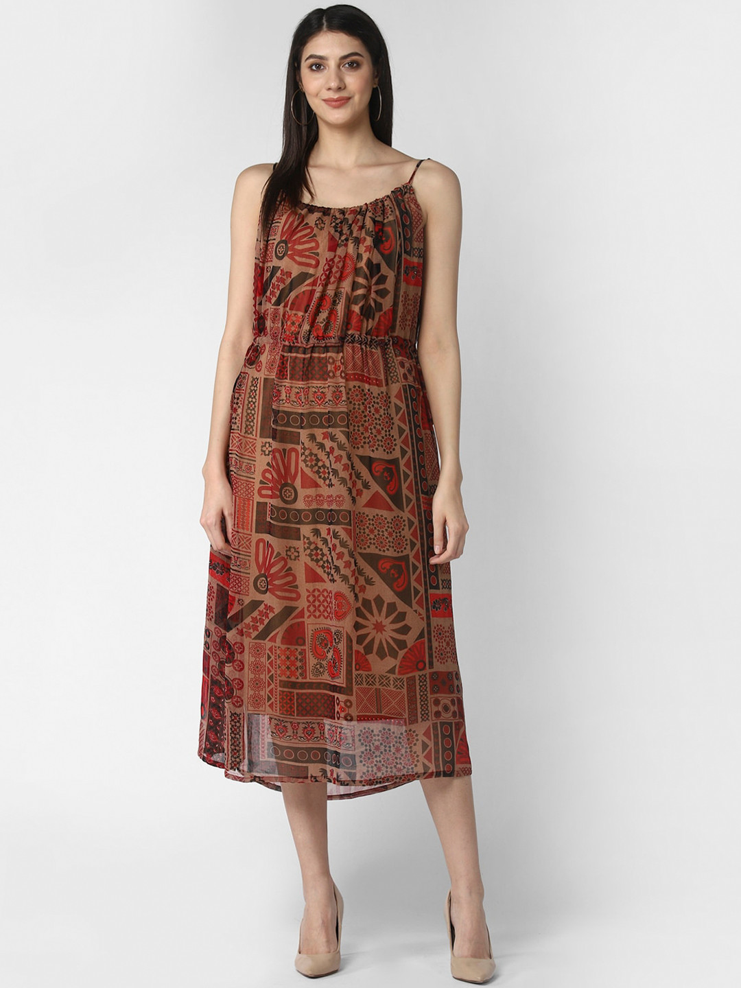 StyleStone Maroon & Brown Floral Chiffon A-Line Midi Dress