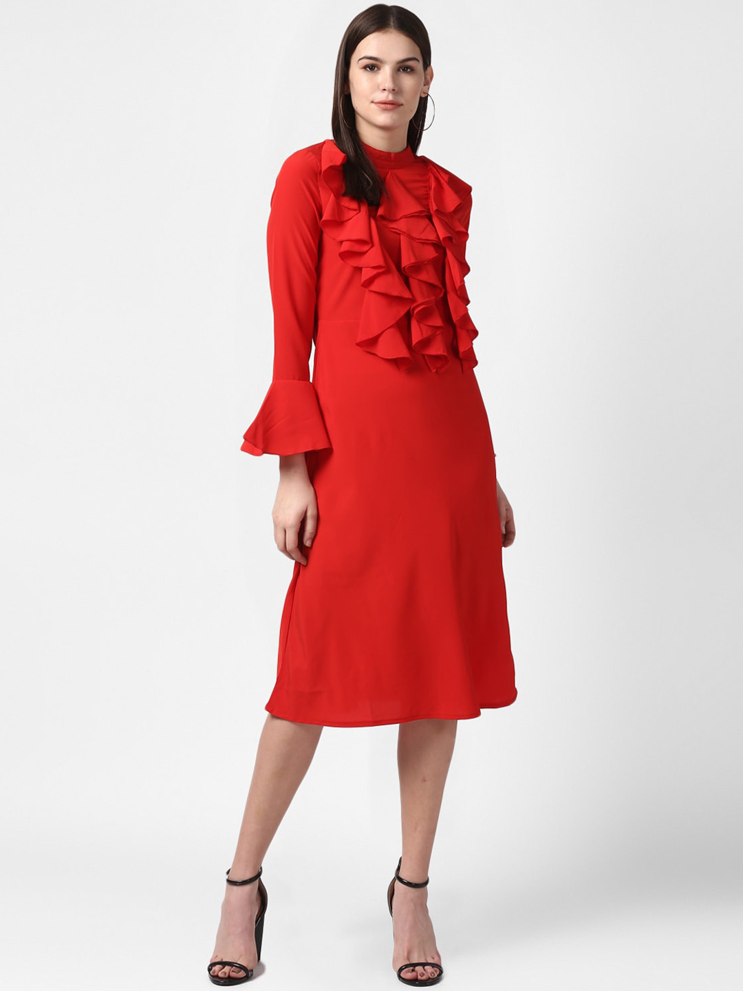StyleStone Woman Red Ruffle Bell Sleeve Party Dress