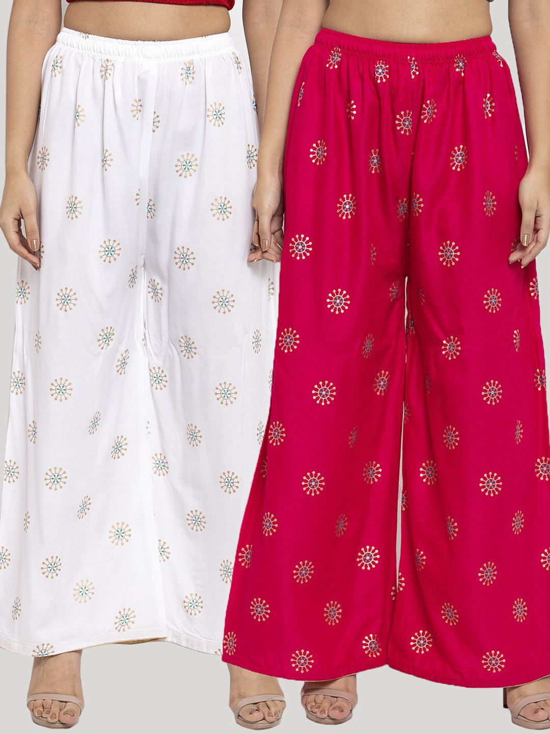 Clora Creation Set-2 Women White & Fuchsia Printed Knitted Palazzos