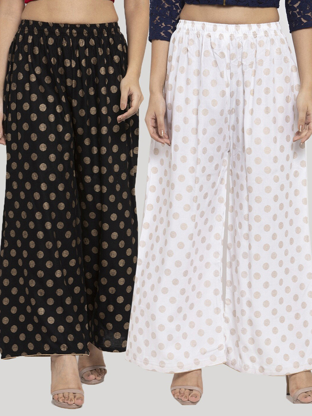 Clora Creation Set-2 Women White & Black Printed Knitted Palazzos