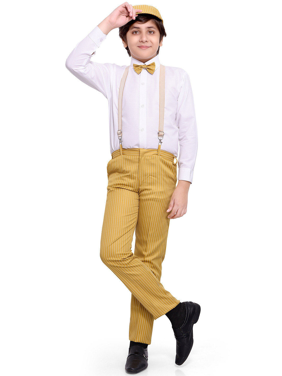 Jeetethnics Boys White & Yellow Solid Shirt With Trousers & Suspenders