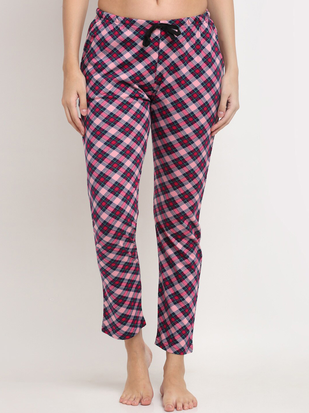 Kanvin Women Pink & Black Checked Pure Cotton Lounge Pants