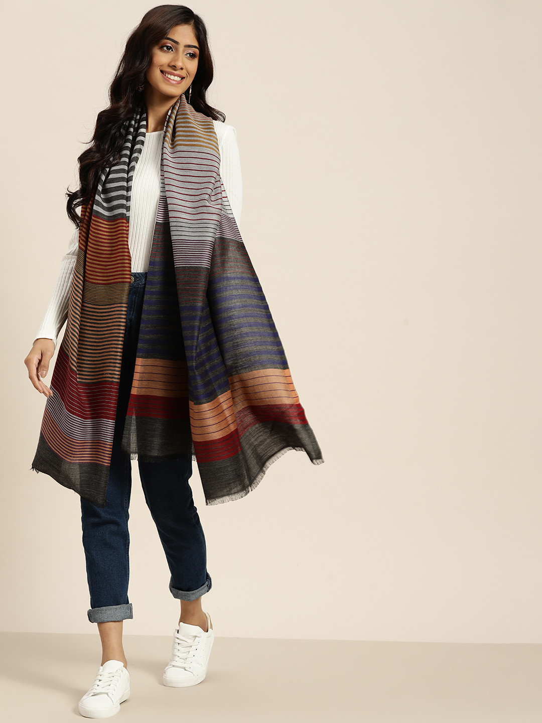 Sangria Women Multicoloured Wool Striped Woven Design Shawl