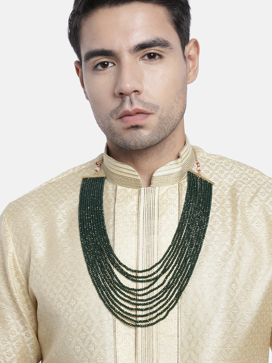 I Jewels Men Green Gold-Plated Layered Necklace