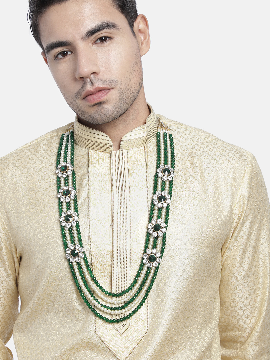 I Jewels Men Green & White Gold-Plated Layered Necklace