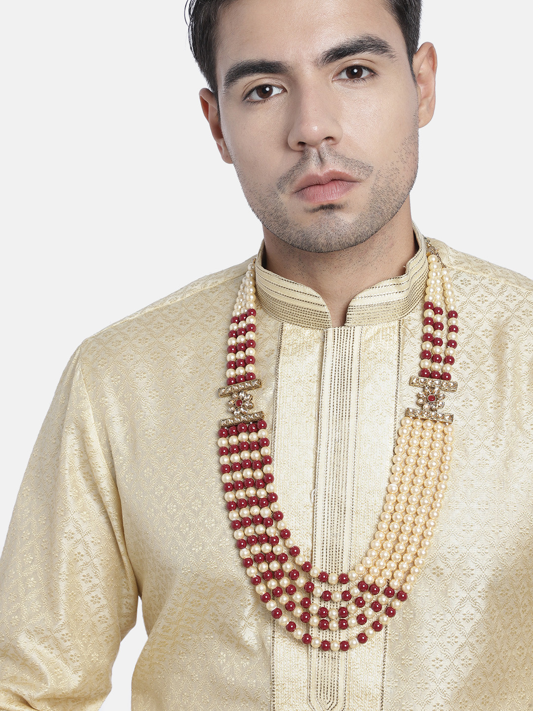 I Jewels Men Maroon Gold-Plated Layered Necklace
