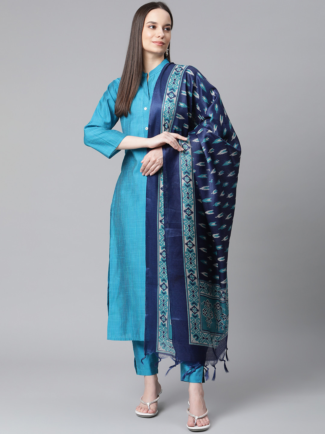 Jompers Women Blue Regular Kurta Trousers With Dupatta
