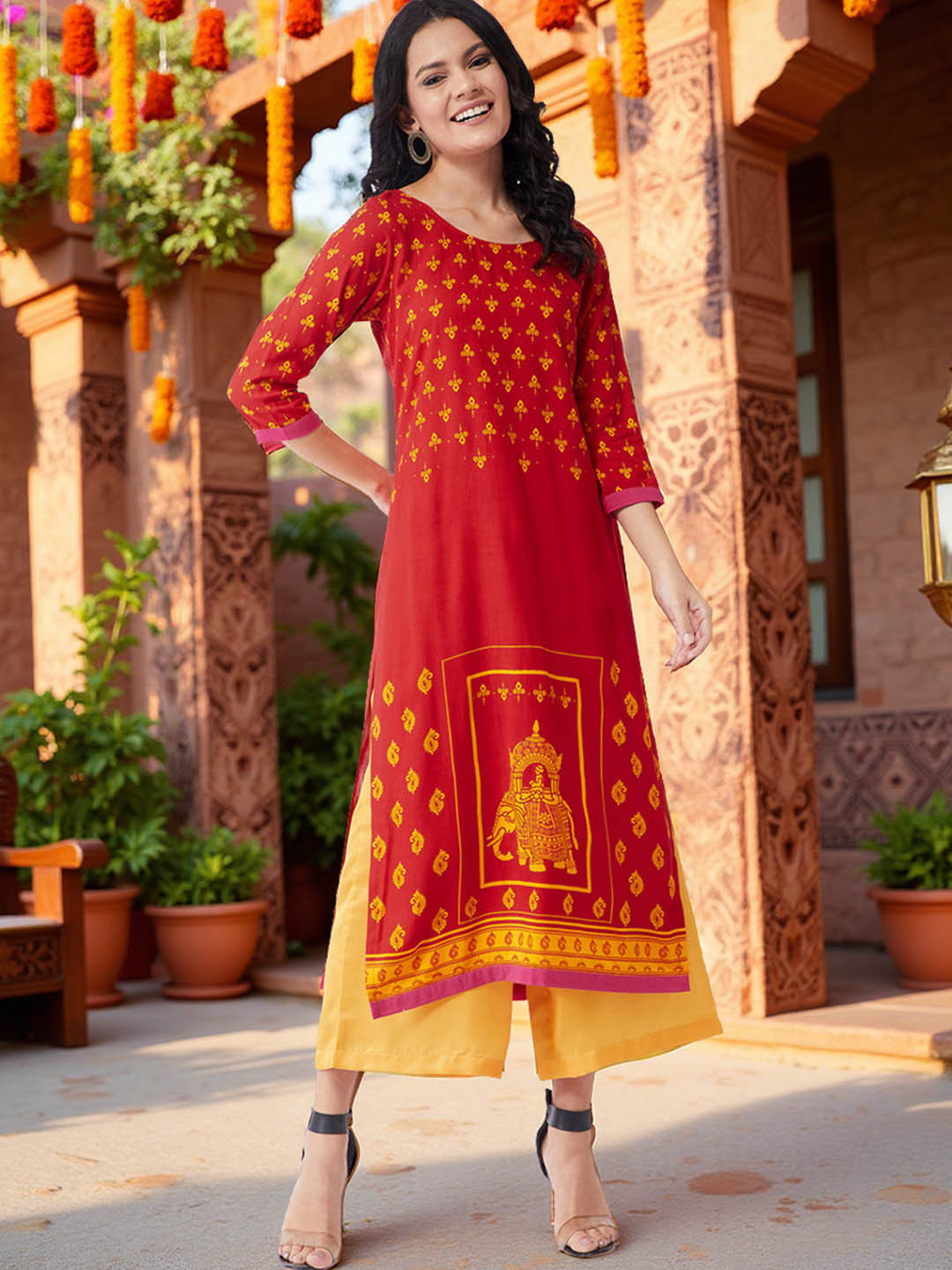Pannkh Women Red Ethnic Motifs Printed Bottom Placement Sindoor Anarkali Kurta