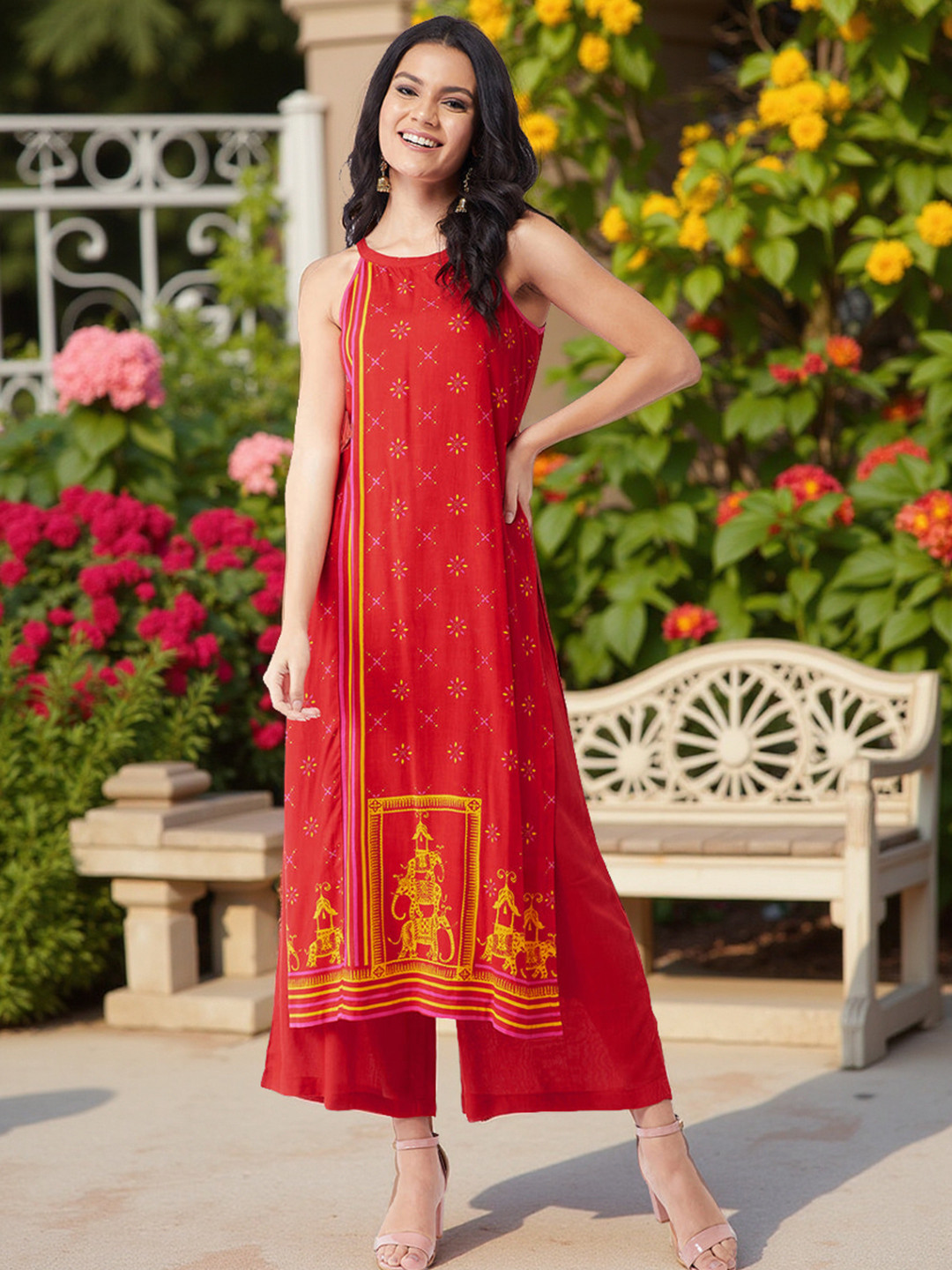 Pannkh Women Red Sindoor Incut Digital Printed Kurta