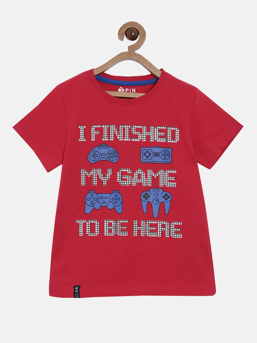 3PIN Boys Red  White Typography Printed Pure Cotton T-shirt
