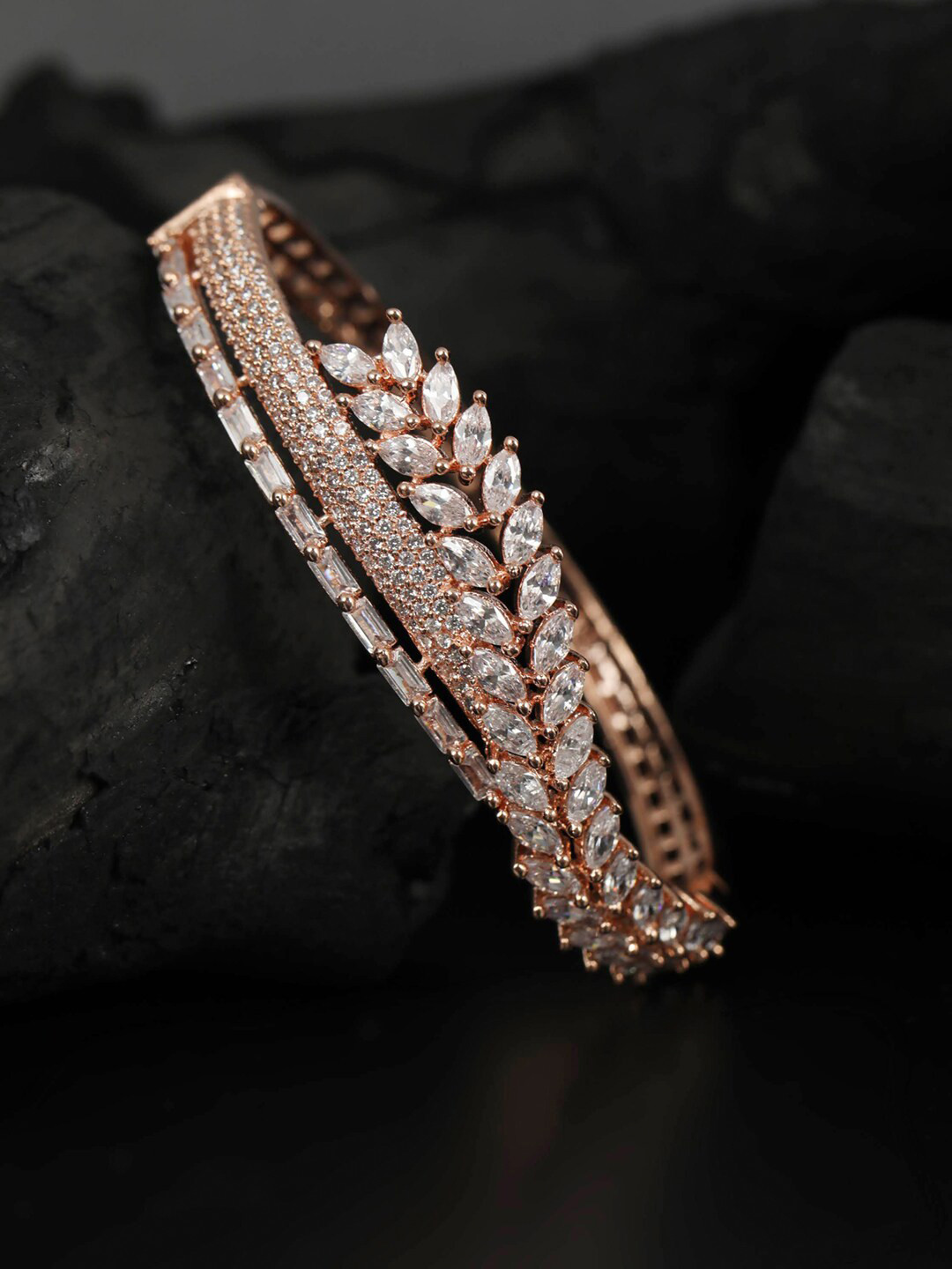 Priyaasi Women Rose-Gold Toned & Plated American Diamond Studded Handcrafted Kada Bracelet