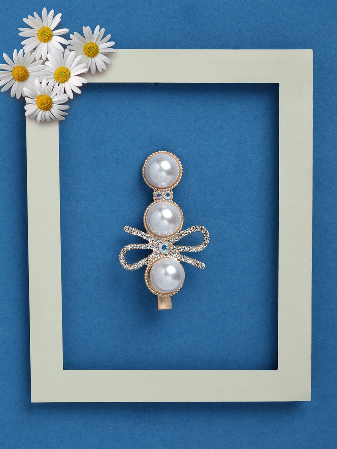 VOGUE PANASH Women White & Gold-Toned Beaded Alligator Hair Clip