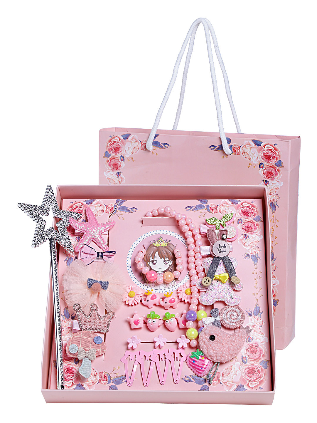 Yellow Chimes Girls Set of 28 Pink Embellished Hair Accessory and Jewellery with Gift Box