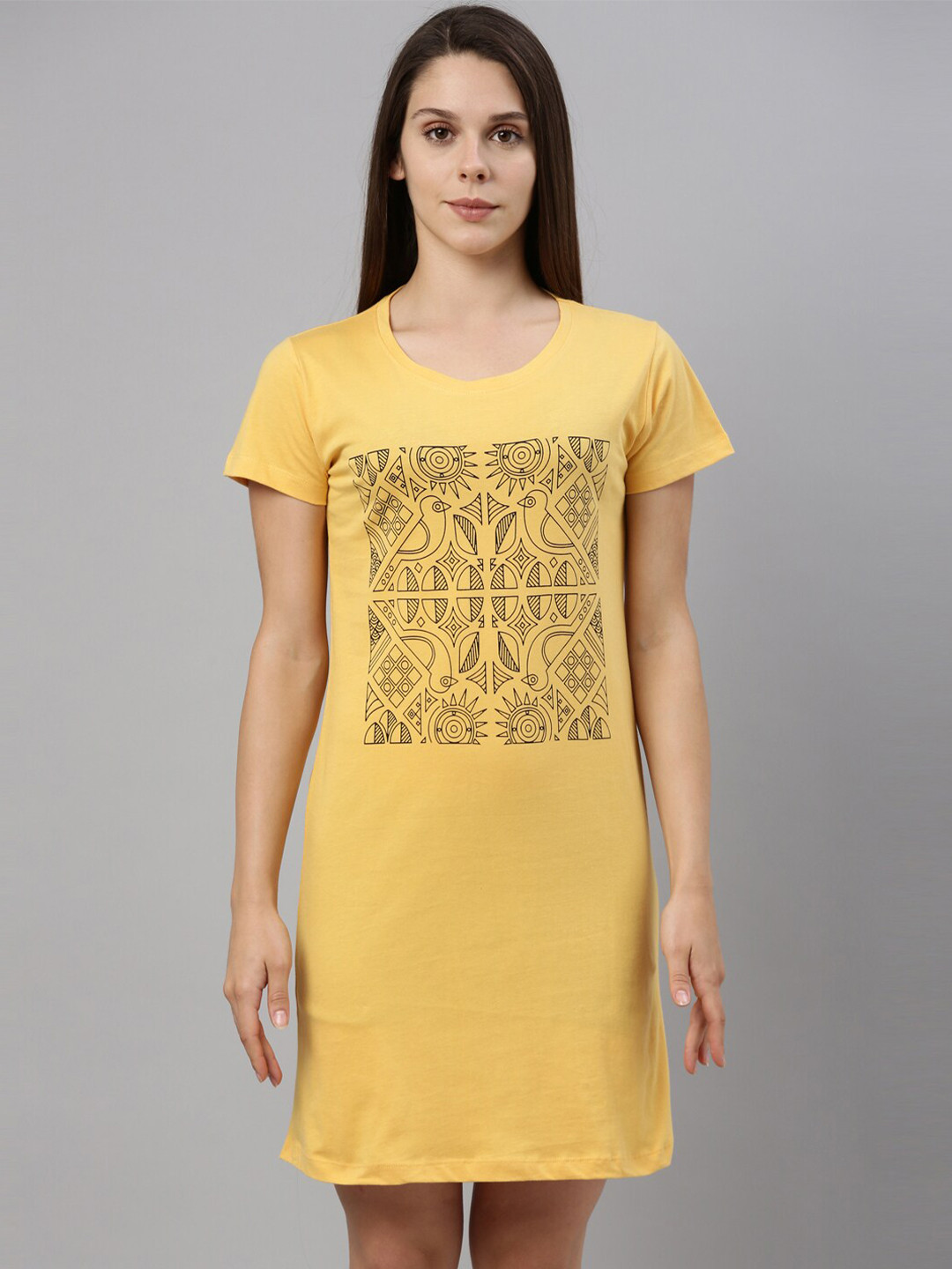 Curare Yellow Printed Pure Cotton T-Shirt Nightdress
