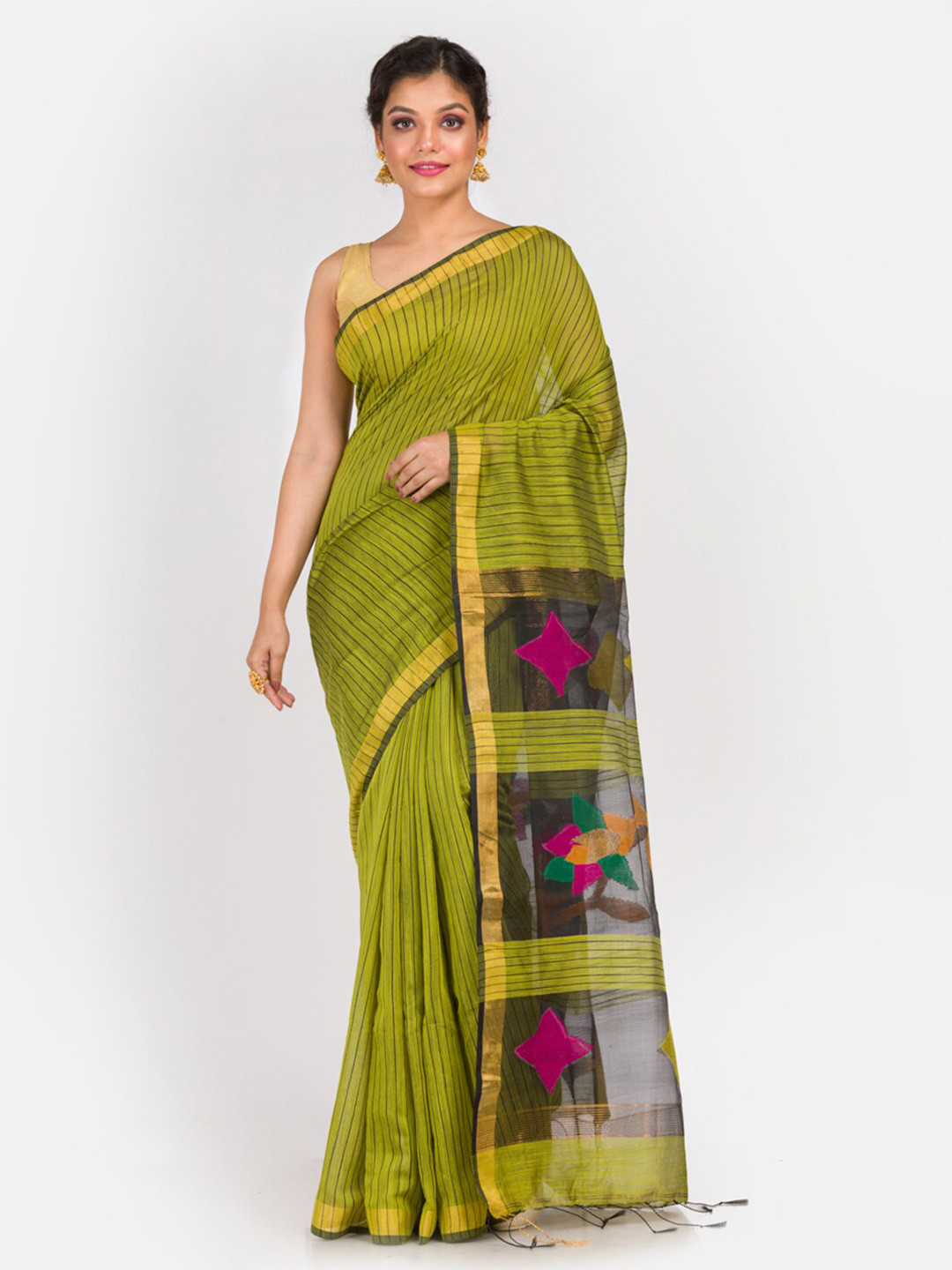 Aryavart Green & Pink Striped Jamdani Saree
