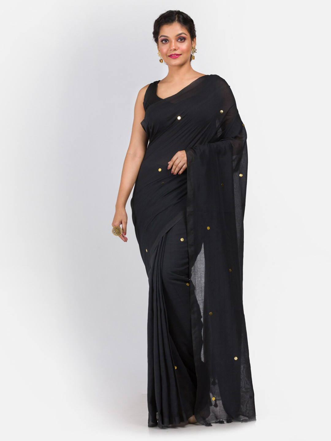 Aryavart Black & Gold Sequin Woven Pure Cotton Saree
