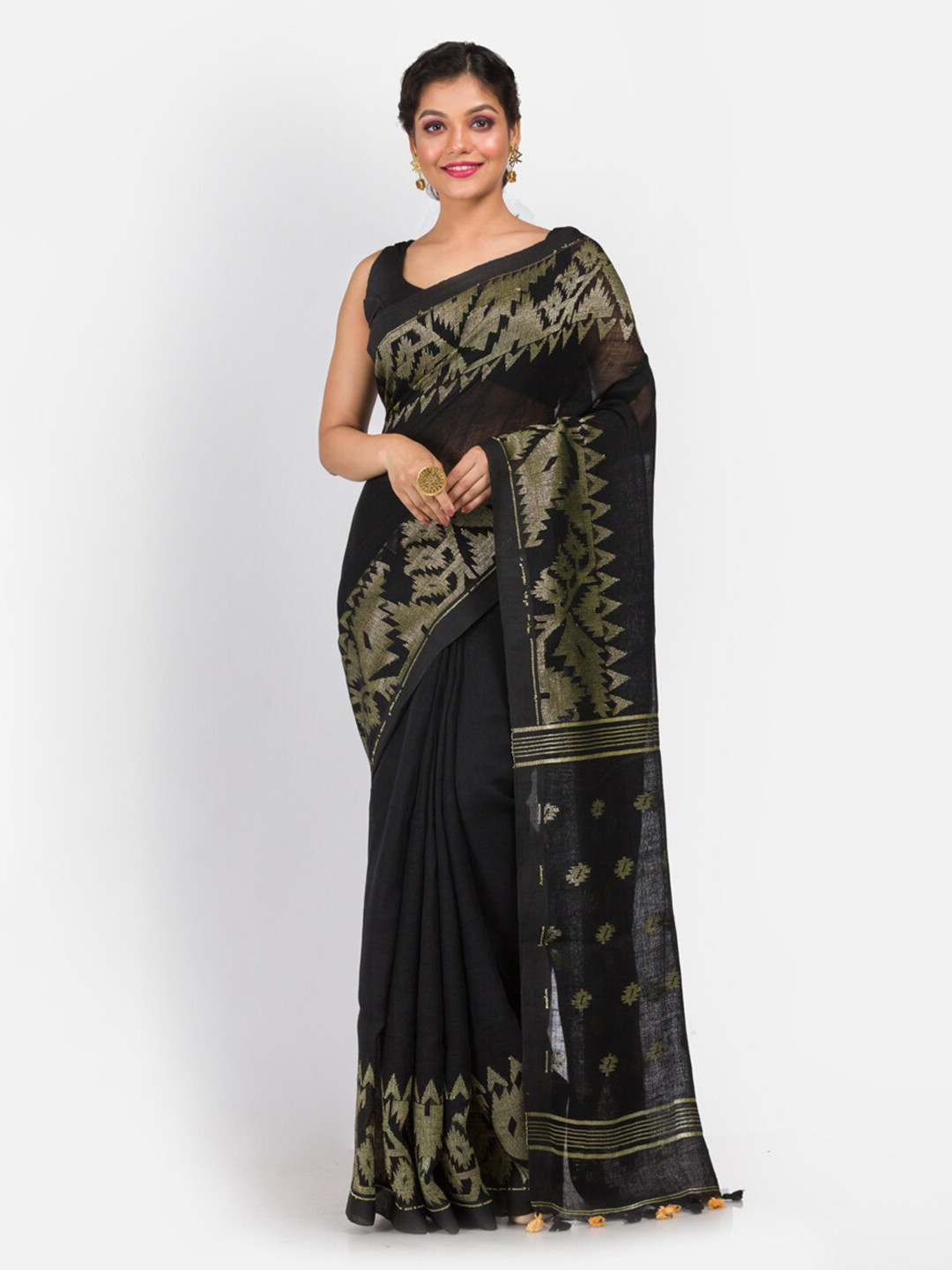 Aryavart Black & Gold Zari Pure Linen Jamdani Saree