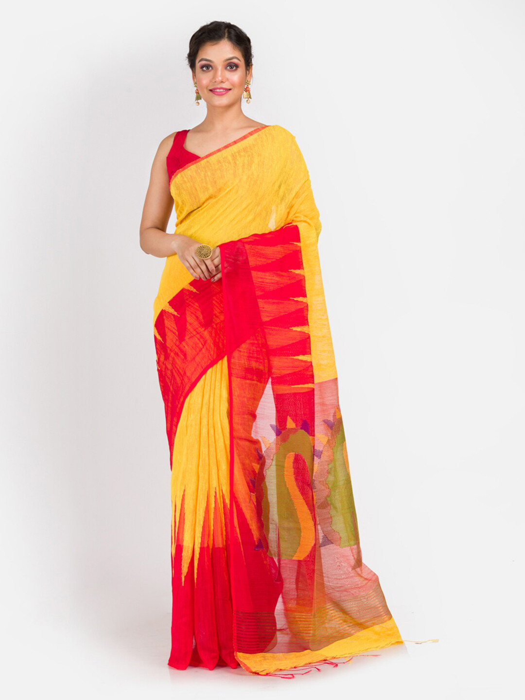 Aryavart Yellow & Red Ethnic Motifs Silk Blend Saree