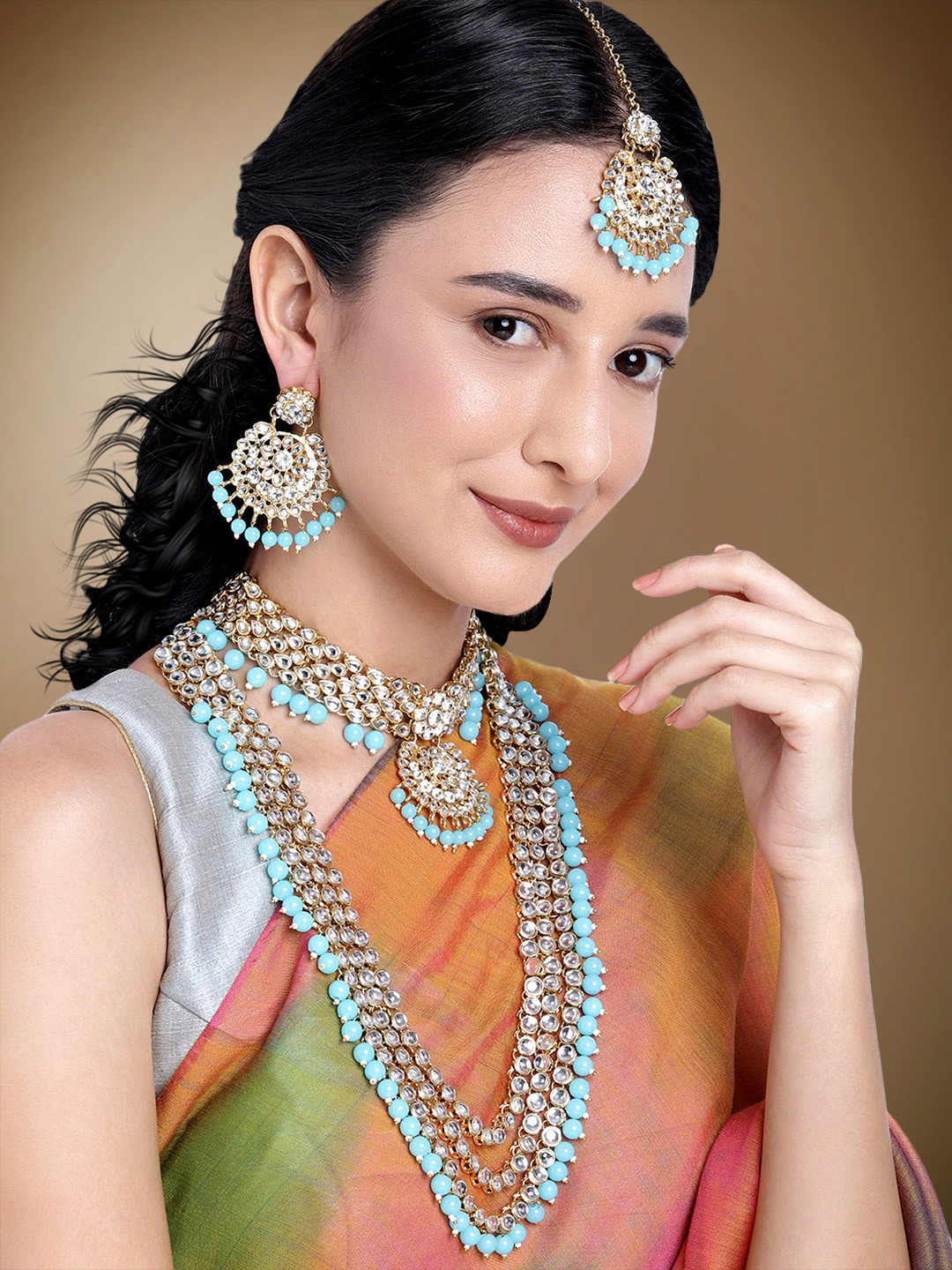Peora Gold-Plated Turquoise Blue Faux Kundan Studded Bridal Jewellery Set