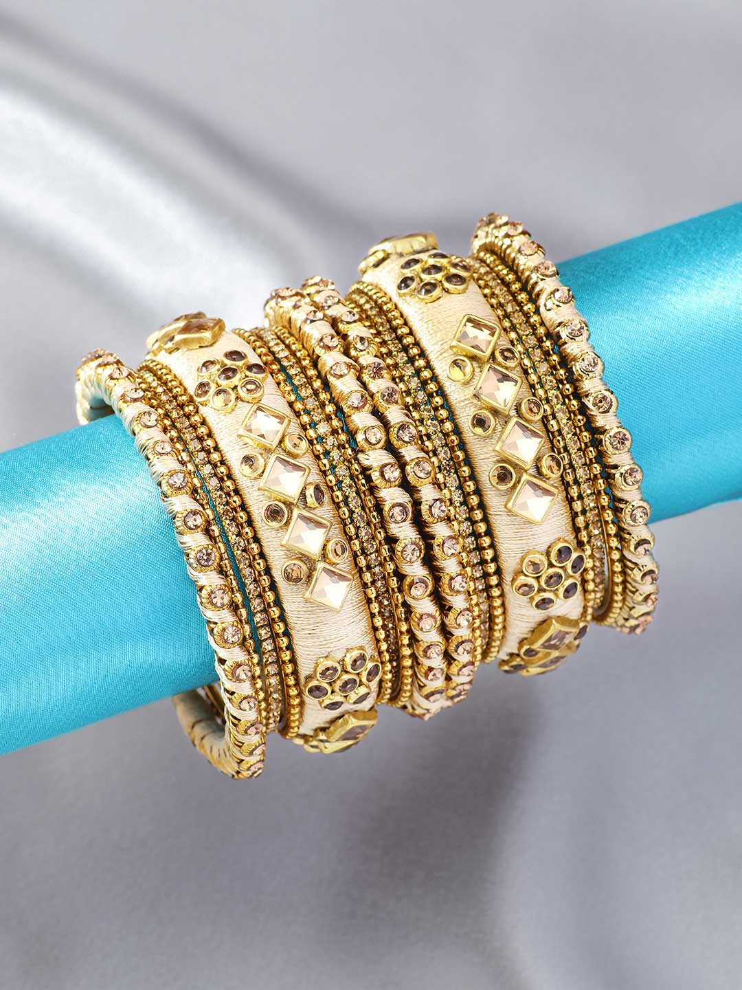 Peora Women Beige Set of 10 Silk Thread & Stone Studded Chuda Bangles
