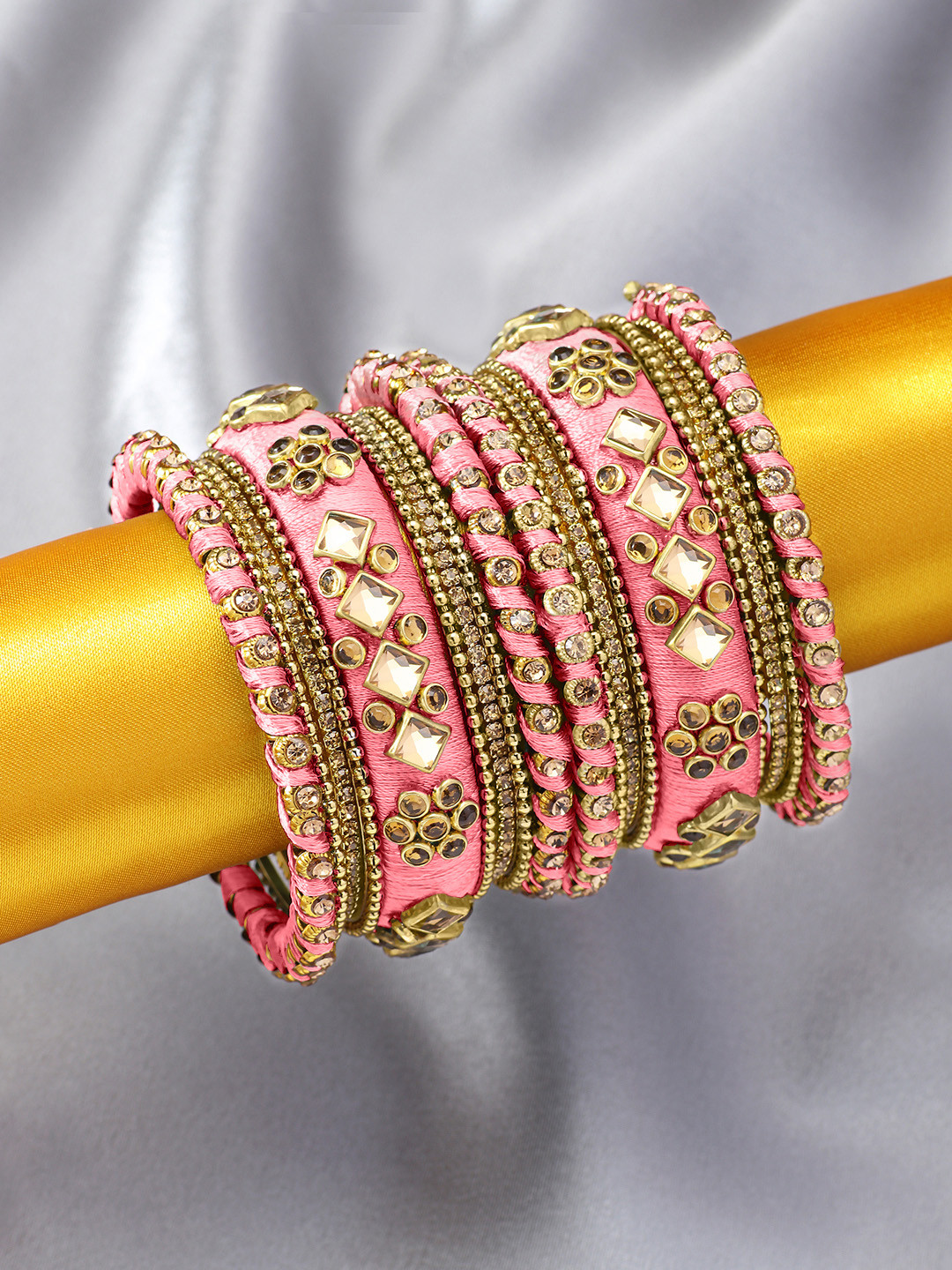 Peora Set of 10 Pink & Gold-Plated Silk Thread Handcrafted Chuda Bangle Set