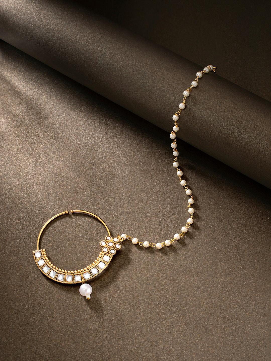 Peora White Gold-Plated Kundan Studded Nose Ring with Pearl Beaded Chain